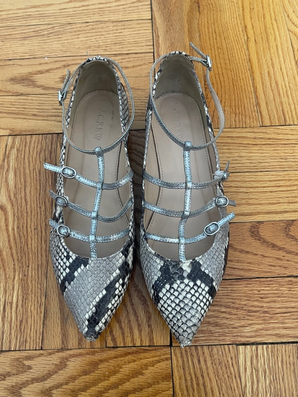 J. Crew Silver Snakeskin-Print Caged Pointed Flats - Picture 5 of 9